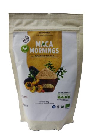 MACA MORNINGS MEZCLA INSTANTANEA CON BASE EN MACA, MAIZ, MORADO, MAIZ , QUINUA Y CAMU CAMU X250GR