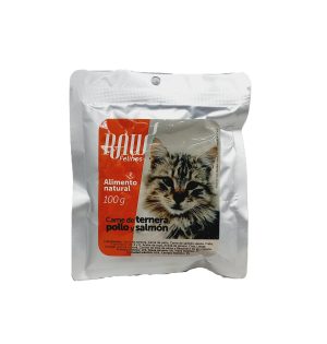 RAW PARA GATOS CARNE DE TERNERA POLLO Y SALMON X100GR